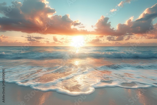 A calming scene of an ocean sunset with gentle waves crashing onto the shore, where the sky is filled with soft hues of orange, pink, and blue, creating a serene ambiance.