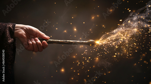 Witch casting a spell with a wand, sparkling magic flowing from the tip, left third copy space