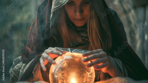 Witch using tarot cards or a crystal ball, deep concentration, bottom third copy space