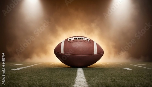 American football ball in front of warm-toned spotlights on the field and foggy background, copy space for text