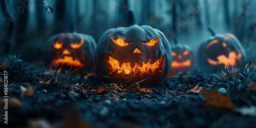A group of pumpkins with their mouths open and eyes glowing in the dark. Scene is spooky and eerie, as the pumpkins seem to be alive and ready to scare anyone who comes near them