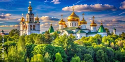 Golden domes of the ancient Ipatiev Monastery rise above lush green trees, with a majestic bell peeking from behind, against a clear blue Kostroma sky.