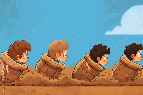 A detailed depiction of a sack race in action, perfect for a fun banner with ample copy space