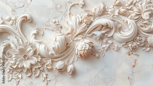 Texture in old art with decorative design. Wall detail antique sculpture with floral carving. Architecture ornamental in Asian vintage classical pattern. White background ornate