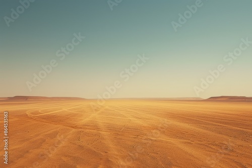 a desert with a few hills in the distance, endless expanse of desert under the midday sun