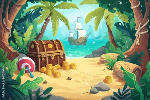 a pirate's chest on the beach with a pirate ship in the background, Design a background featuring a birthday treasure hunt scene