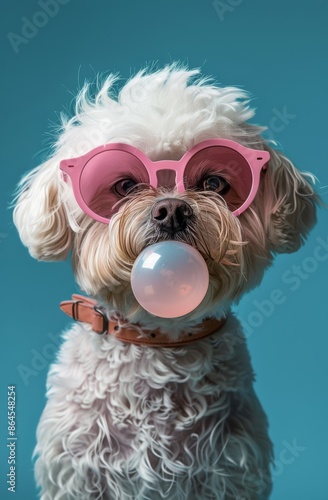 Close-up photo of a cute white dog with pink glasses blowing bubblegum on a blue background