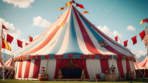 a cartoon circus tent with flags and acrobats.