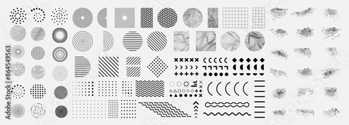 Vector illustration. Bundle of linear flat design elements for poster, book cover, frame, gift card, magazine. Simple minimalist line art wavy objects. Halftone dots, circle shapes, memphis pattern