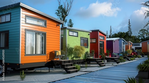 series of tiny homes in a community, each featuring colorful aluminum siding, focusing on sustainable living and modern aesthetics