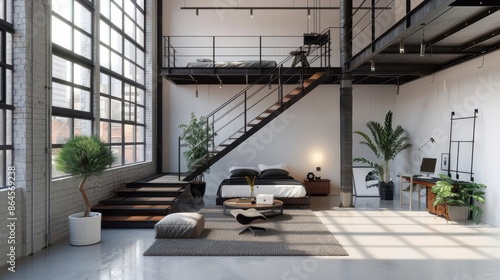 contemporary loft bedroom with sleek black metal staircase leading to mezzanine workspace featuring minimalist decor and large windows