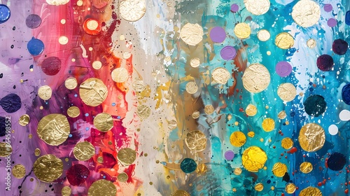 Colorful painting embellished with intricate dots and textured gold impasto strokes.