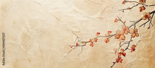 Beige textured background with torn Japanese traditional paper creating a unique copy space image.