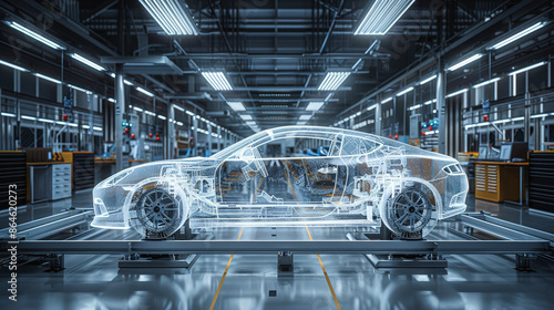 A transparent 3D model of a car on a platform in a high-tech automotive production facility, showcasing vehicle design and engineering details.