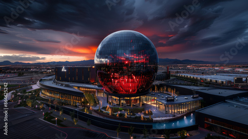 A large building with a red sphere on top of it