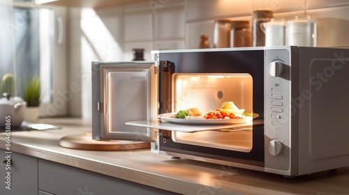 A microwave oven with a plate of food inside illuminated by an interior light