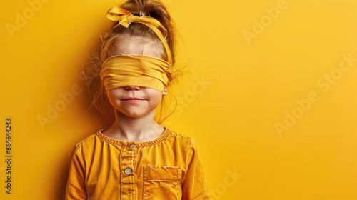 A young child wearing a blindfold, likely in a game or educational setting