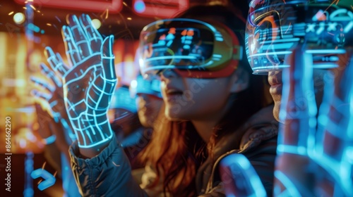 A futuristic sci-fi room with holographic interfaces and VR immerses participants, their gestures excited.