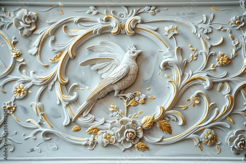 ornate stucco molding of exotic birds on plastered wall intricate 3d designs with gold leaf accents blending rococo extravagance with modern sophistication