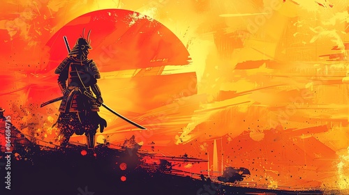 Silhouette of a Samurai Warrior Against a Fiery Sunset. A Stunning Artwork of Japanese History, Culture, and Bushido Spirit