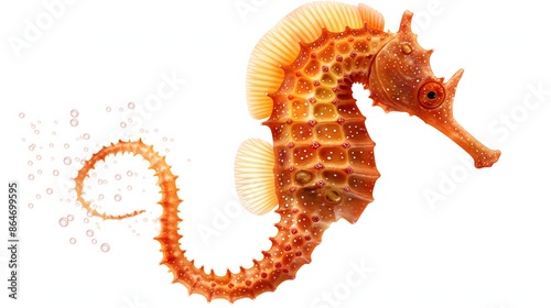 2. Produce a high-definition illustration of a seahorse, featuring its full body against a transparent backdrop, emphasizing its dorsal fin, prehensile tail, and unique body shape in precise detail.
