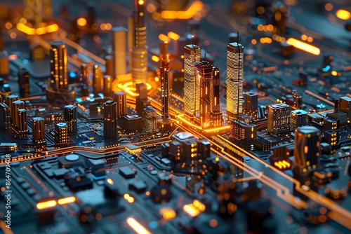 Luminous futuristic city on an extensive illuminated circuit board. Technology paradigm