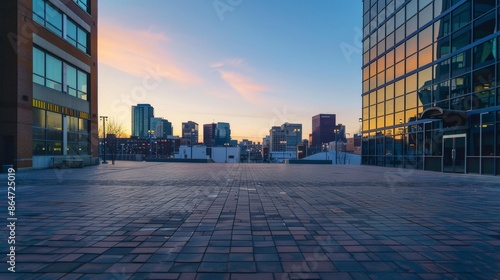 Empty square floor with city skyline background, City skyline with a technological utopia, where sustainable technologies and futuristic innovations shape an idealistic vision of urban living