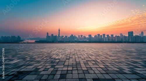 Empty square floor with city skyline background, City skyline with a technological utopia, where sustainable technologies and futuristic innovations shape an idealistic vision of urban living