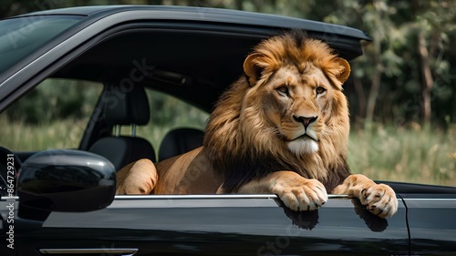 A regal lion seated comfortably in the back of a sleek car.