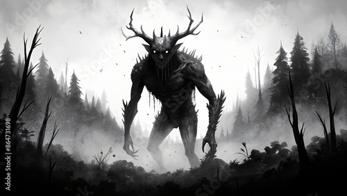 Vector illustration of silhouettes wendigo exploring the forest