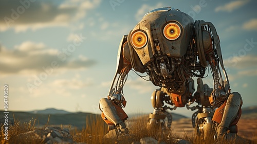 Advanced Steampunk Robot in a Breathtaking Dystopian Desert Sunset