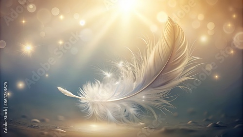 Serene white feather gently floats upwards towards a bright, shimmering light, symbolizing spiritual ascension and transcendence, on a soft, creamy background with subtle gradient.