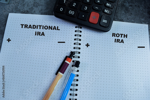 Concept of Traditional Ira and Roth Ira write on book isolated on Wooden Table.