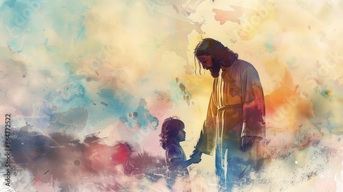 Jesus Blessing a Child, Watercolor Style, Biblical Illustration of Faith and Compassion, Beige Background, copyspace