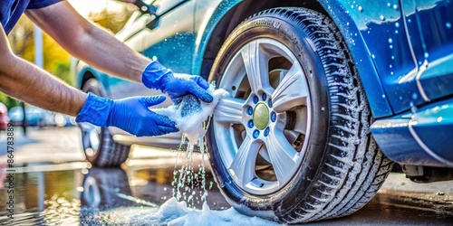 Sparkling clean blue car tire being washed with a sponge and spray by an unseen owner, blue rubber gloves laid on the pavement, self-service car wash concept.