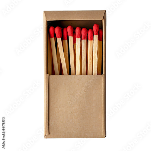 Open stylish matchbox with red matches isolated on a transparent background