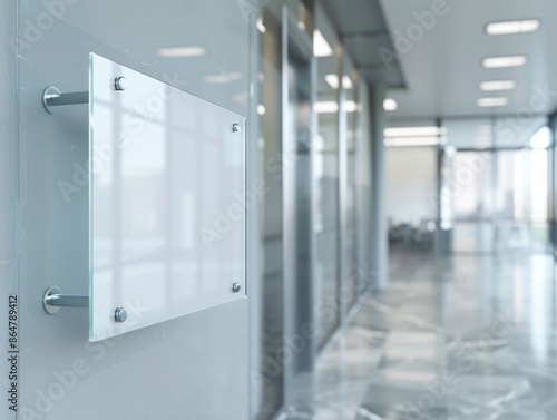 A white sign is hanging on a wall in a large, empty room. The sign is made of clear glass and has a simple design. The room is mostly empty, with only a few chairs and a couch visible