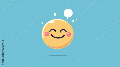 A cute yellow emoji with rosy cheeks smiles happily, thinking about something, with a white thought bubble above it against a light blue background