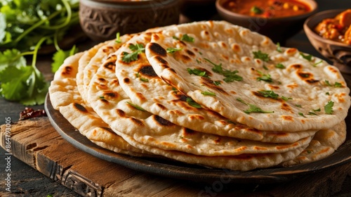 A plate of tortillas with parsley on top. The plate is on a wooden table. The table is covered with other food items