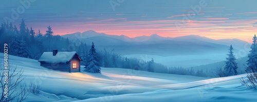 A quiet snowy landscape with a solitary cabin emitting warm light, Silence, Illustration, Cool Tones, Symbolizing the tranquility of isolation and peaceful reflection