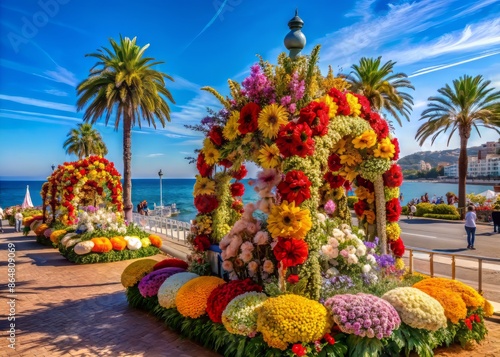 Vibrant colorful flowers and petals overflow from ornate floats parked along the famous Promenade des Anglais in Nice, France, under a bright blue sky.