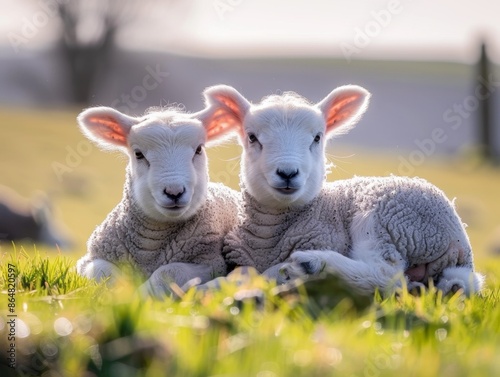 Two lambs lying on the grass, one looking straight ahead while the other rests