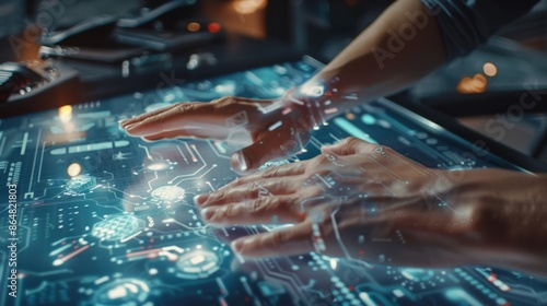 Visualization of hands working with a digital interface, symbolizing intuitive interaction with technologies. Modern digital workspace, soft ambient lighting,