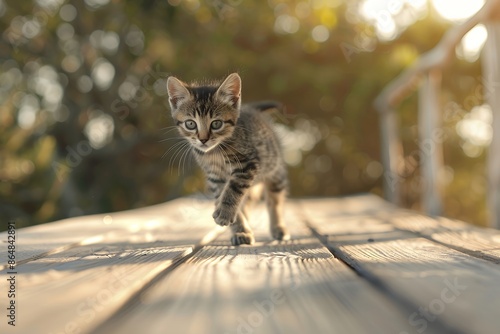 A small kitten is running on the wooden table, cute cat, soft fur, little gray and black tabby with green eyes, walking along an old weathered boardwalk in natural light, blurred background of trees a