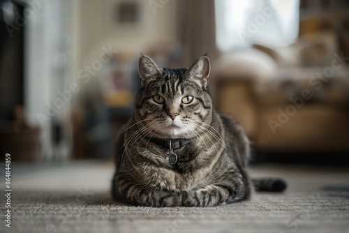 A photo of an obese grey tabby cat wearing a collar, sitting on the floor in a home setting, looking at the camera in a full body shot from a low angle, taken with a Canon EOS camera