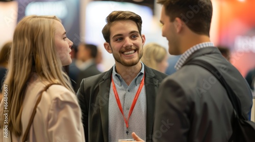 Three individuals in business attire engage in conversation and networking at a trade show booth