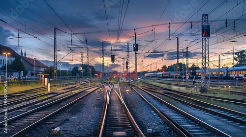 Panorama at main station of Hagen in Westphalia Germany at blue hour twilight Railway tracks with switches lamp lights and blurred trains in motion Colorful railway infrastructure and : Generative AI