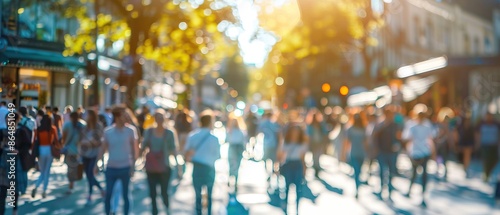 People walking on a busy city street in bright afternoon sun casting long shadows on the pavement