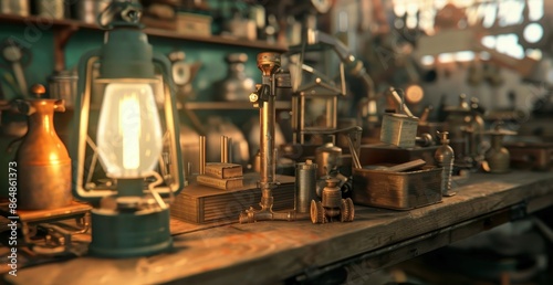 A junk guild workshop cluttered with mechanical parts and tools, where inventors craft steampunk gadgets by lantern light