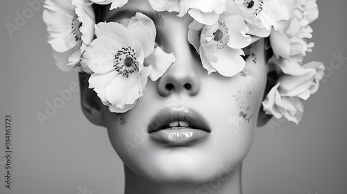 Abstract contemporary art collage black and white portrait of young woman with flowers on face hides her eyes : Generative AI